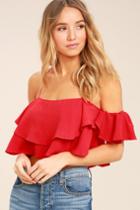 Lulus | Filled With Surprises Red Off-the-shoulder Crop Top | Size Large | 100% Polyester