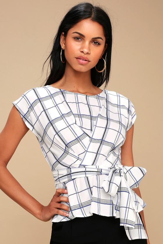 Quentin White Grid Print Peplum Top | Lulus