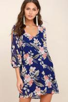 Lulus | Shifting Dears Royal Blue Floral Print Long Sleeve Dress | Size X-small | 100% Polyester