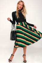 Pleat And Thank You Green Striped Pleated Midi Skirt | Lulus