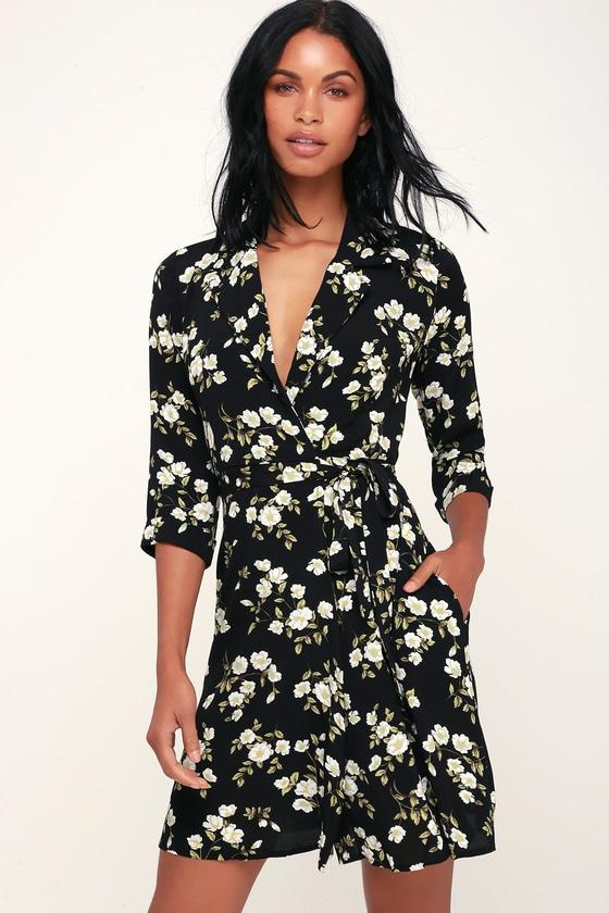 Totally Blossom Black And White Floral Print Collared Wrap Dress | Lulus