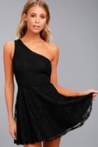 Nbd | Camilla Black Lace One-shoulder Skater Dress | Size X-small | 100% Polyester | Lulus