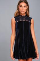 Lulus | Who's Who Navy Blue Crocheted Lace Velvet Shift Dress | Size Large | 100% Polyester
