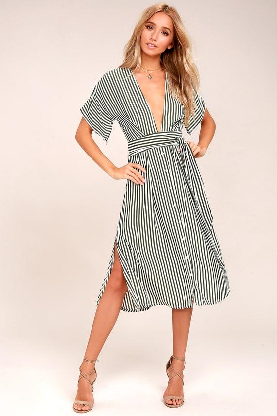 Faithfull The Brand Faithfull The Brand Mustang Olive Green Striped Midi Dress | Size 4 | 100% Rayon | Lulus