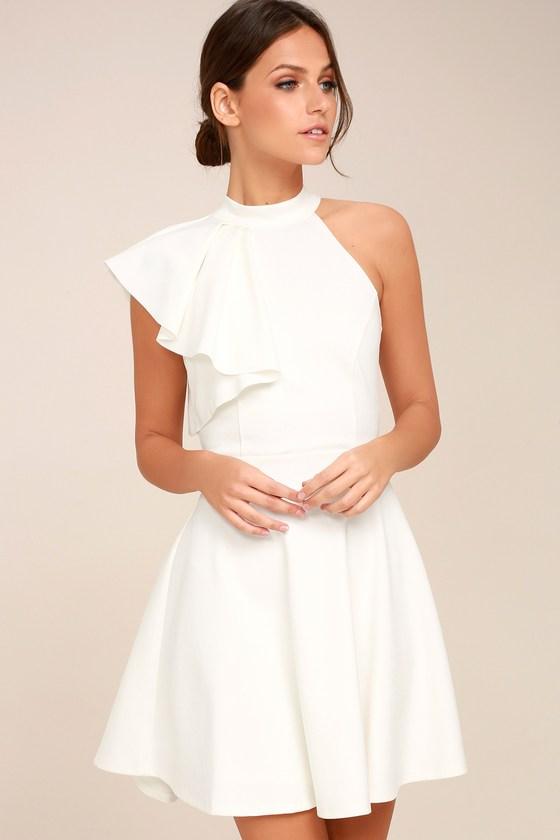 Lulus | Chic Goals White One-shoulder Skater Dress | Size Medium | 100% Polyester