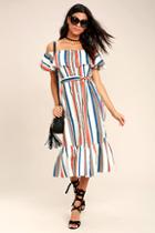 Moon River Delight Ivory Striped Off-the-shoulder Midi Dress