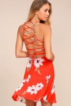 Lulus | Happy Together Coral Red Floral Print Lace-up Dress | Size X-large | 100% Polyester