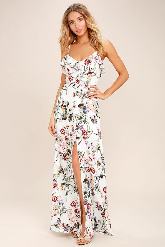 Lulus | Bloom On Ivory Floral Print Maxi Dress | Size X-small | White | 100% Rayon