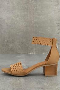 City Classified Airlea Tan Nubuck Cutout Ankle Strap Heels