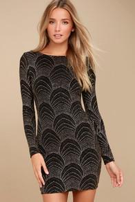 Lulus It's My Night Gold And Black Print Long Sleeve Bodycon Dress