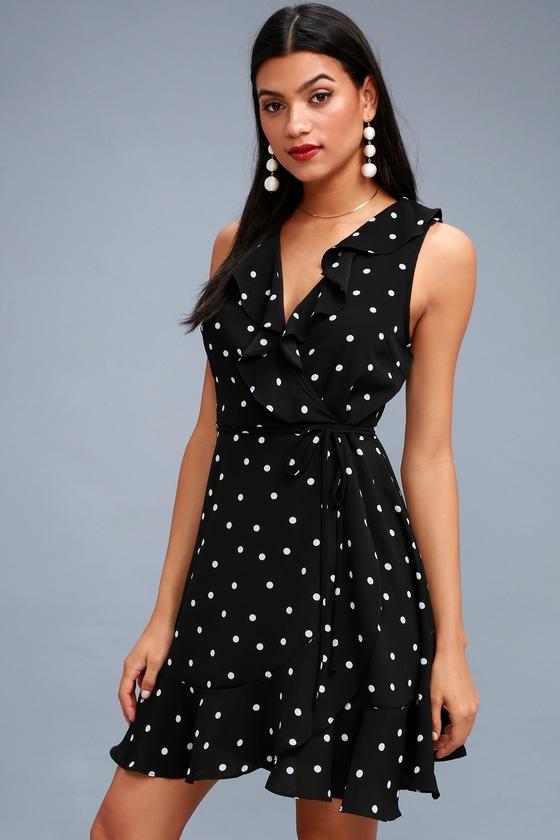 Nightlife Black Polka Dot Wrap Dress | Lulus
