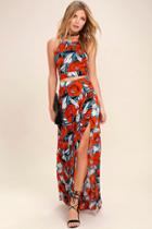 Lulus | Back To Your Roots Red Floral Print Two-piece Maxi Dress | Size X-large | 100% Rayon