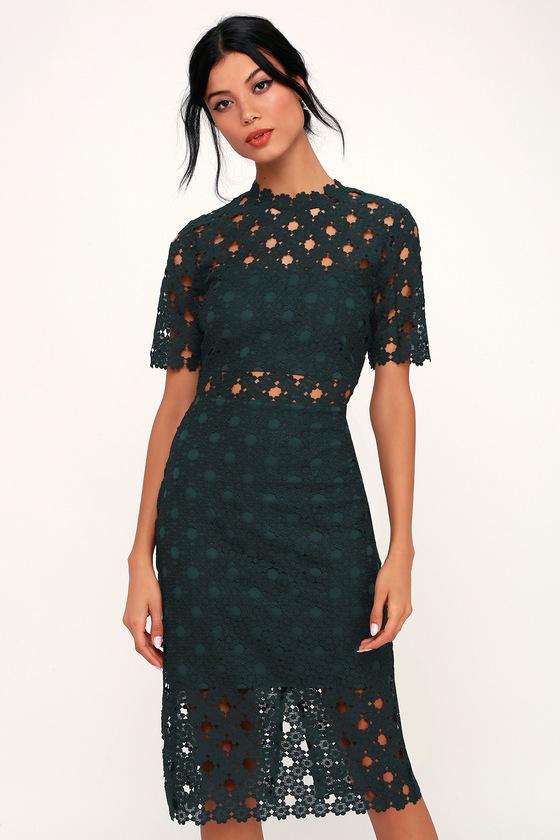 Heartfelt Dark Teal Green Lace Bodycon Midi Dress | Lulus