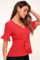 Lush Yes Indeed Red Flounce Sleeve Tie-front Top | Lulus