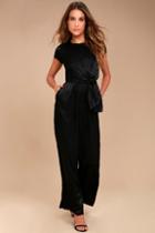 Lulus Let Me Entertain You Black Satin Wide-leg Jumpsuit