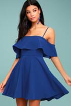 Lulus | Waterfront Royal Blue Off-the-shoulder Skater Dress | Size Large | 100% Polyester