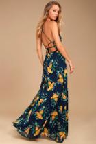 Lulus Adventure Seeker Navy Blue And Yellow Floral Print Maxi Dress