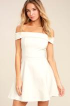 Lulus | Season Of Fun White Off-the-shoulder Skater Dress | Size Large | 100% Polyester