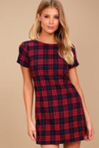 Lulus | Cozy Corner Navy Blue And Red Plaid Dress | Size Large | 100% Cotton