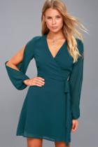 Lulus | Told You So Teal Blue Long Sleeve Wrap Dress | Size Large | 100% Polyester