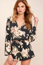 Lulus Prairie Daydream Washed Navy Blue Floral Print Romper