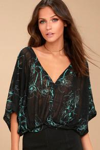Free People One Dance Black Floral Print Top