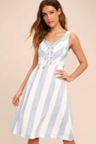 Lulus | Martha's Vineyard Blue And White Striped Lace-up Midi Dress | Size X-small | 100% Rayon
