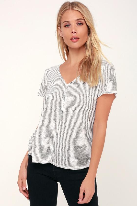 Project Social T Wearever Black And White Striped V-neck Tee | Lulus