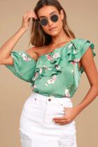 Lulus Paradise City Sage Green Satin Floral Print Off-the-shoulder Top