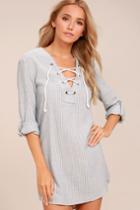 Rhythm | Tiki Blue And White Striped Lace-up Shift Dress | Size Small | 100% Cotton | Lulus