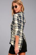 Tavik | Ilana Beige And Navy Blue Plaid Button-up Top | Size Small | 100% Rayon | Lulus