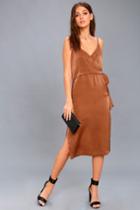 Evidnt Fall In Love Rusty Brown Satin Midi Wrap Dress | Lulus