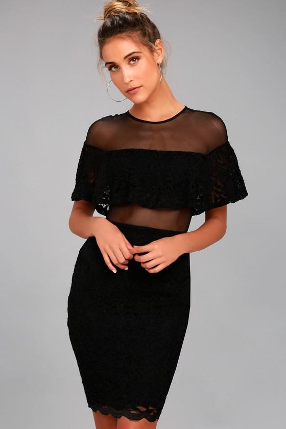 Lulus | Midnight Moves Black Lace Bodycon Midi Dress | Size Large | 100% Polyester