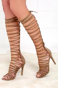 Wild Diva Lounge Couldn't Be Better Taupe Suede Tall Lace-up Heels