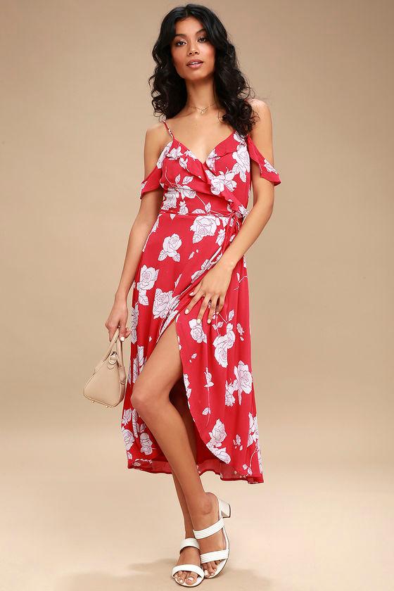 Bouquet Blooms Red Floral Print Off-the-shoulder Wrap Dress | Lulus