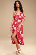 Bouquet Blooms Red Floral Print Off-the-shoulder Wrap Dress | Lulus