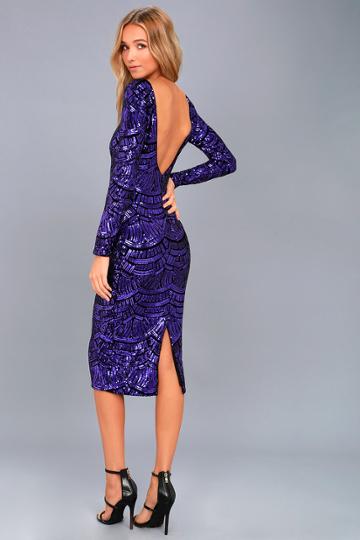 Dress The Population | Emery Purple Sequin Bodycon Midi Dress | Size X-small | Lulus