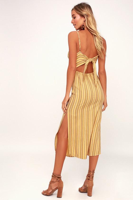 Amuse Society White Sands Yellow Striped Tie-back Midi Dress | Lulus
