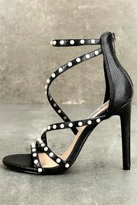 Steve Madden Meg Black Snake Pearl Ankle Strap Heels