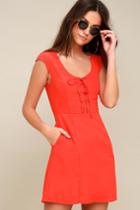 Sunny Spot Coral Red Lace-up Dress | Lulus
