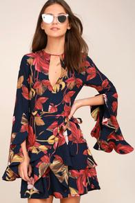 C/meo Gossamer Navy Blue Floral Print Long Sleeve Wrap Dress