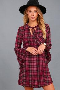 Jack By Bb Dakota Rexford Burgundy Plaid Bell Sleeve Dress