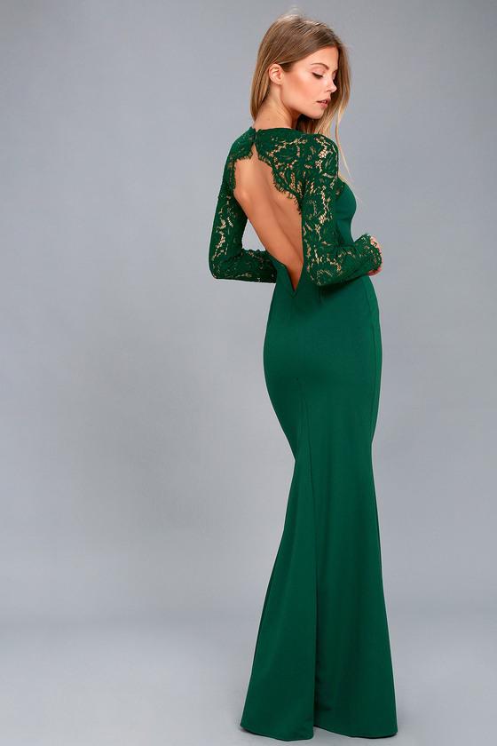 Lulus | Whenever You Call Forest Green Lace Maxi Dress | Size Large | 100% Polyester