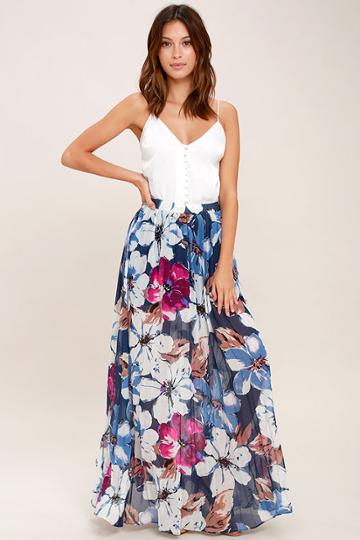 Ark & Co Twilight Temptation Navy Blue Floral Print Maxi Skirt | Lulus