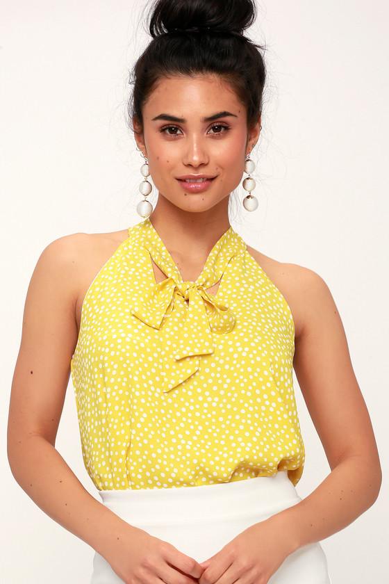 Oeuvre Yellow Polka Dot Tie-neck Sleeveless Top | Lulus