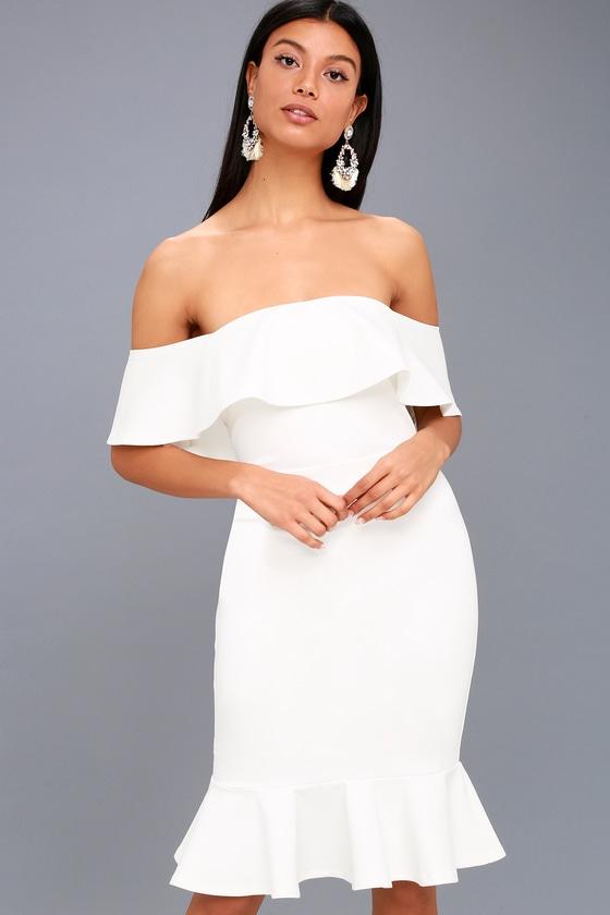 Confidence Boost White Off-the-shoulder Bodycon Midi Dress | Lulus