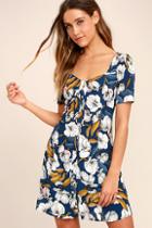 Mink Pink Pacifico Tea Navy Blue Floral Print Dress
