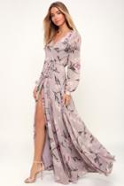 Loving You Dusty Purple Floral Print Long Sleeve Wrap Maxi Dress | Lulus