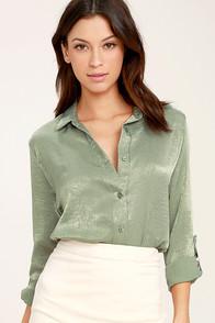 Lulus Boss Lady Sage Green Satin Button-up Top