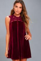 Lulus | Who's Who Burgundy Crocheted Lace Velvet Shift Dress | Size Large | Red | 100% Polyester